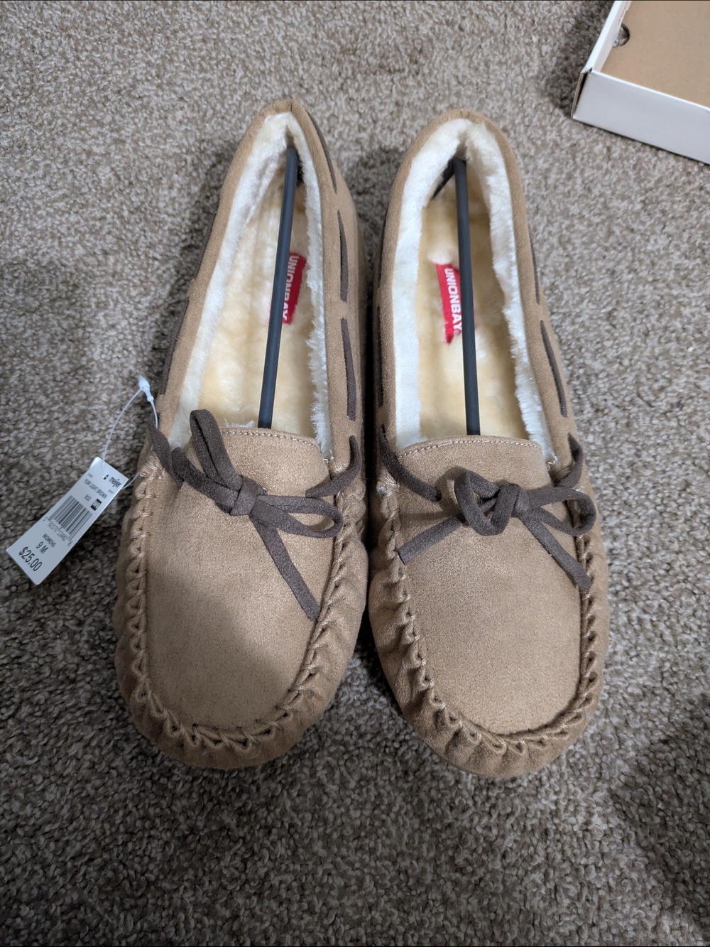 Unionbay Taupe Suede Moccasin Slippers with Sherpa Lining